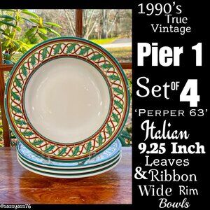 ▪️VTG▪️PIER 1▪️Set of 4 PERPER 63 Italian 9.25" Leaves & Ribbon Wide Rim Bowls